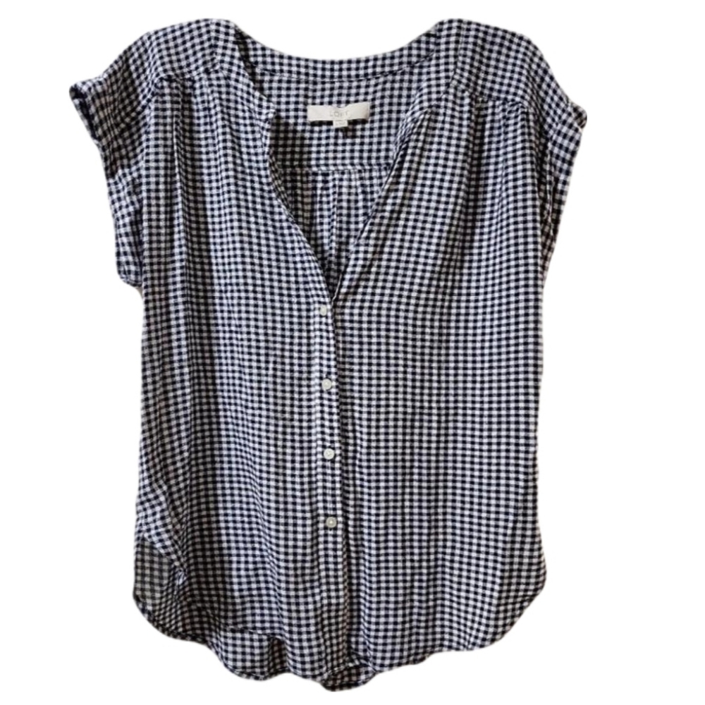 LOFT Navy and White Gingham Blouse